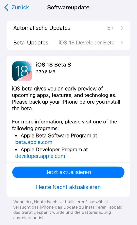 峪泉镇苹果手机维修分享苹果 iOS / iPadOS 18 开发者预览版 Beta 8 发布 